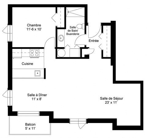 Floor plan for 1 bed, 1 bath, 775 sqft